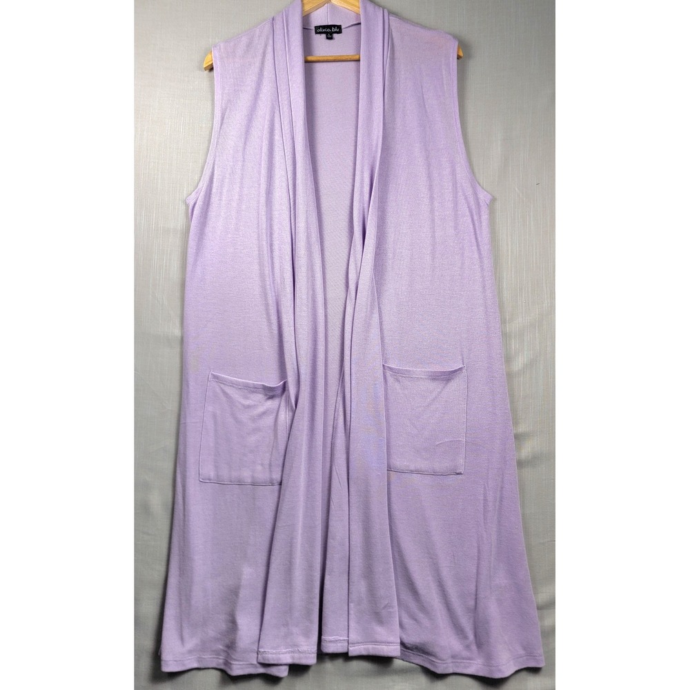 Olivia Blu Lavender Purple Sleeveless Open Front Long Cardigan Vest Pockets Lrg